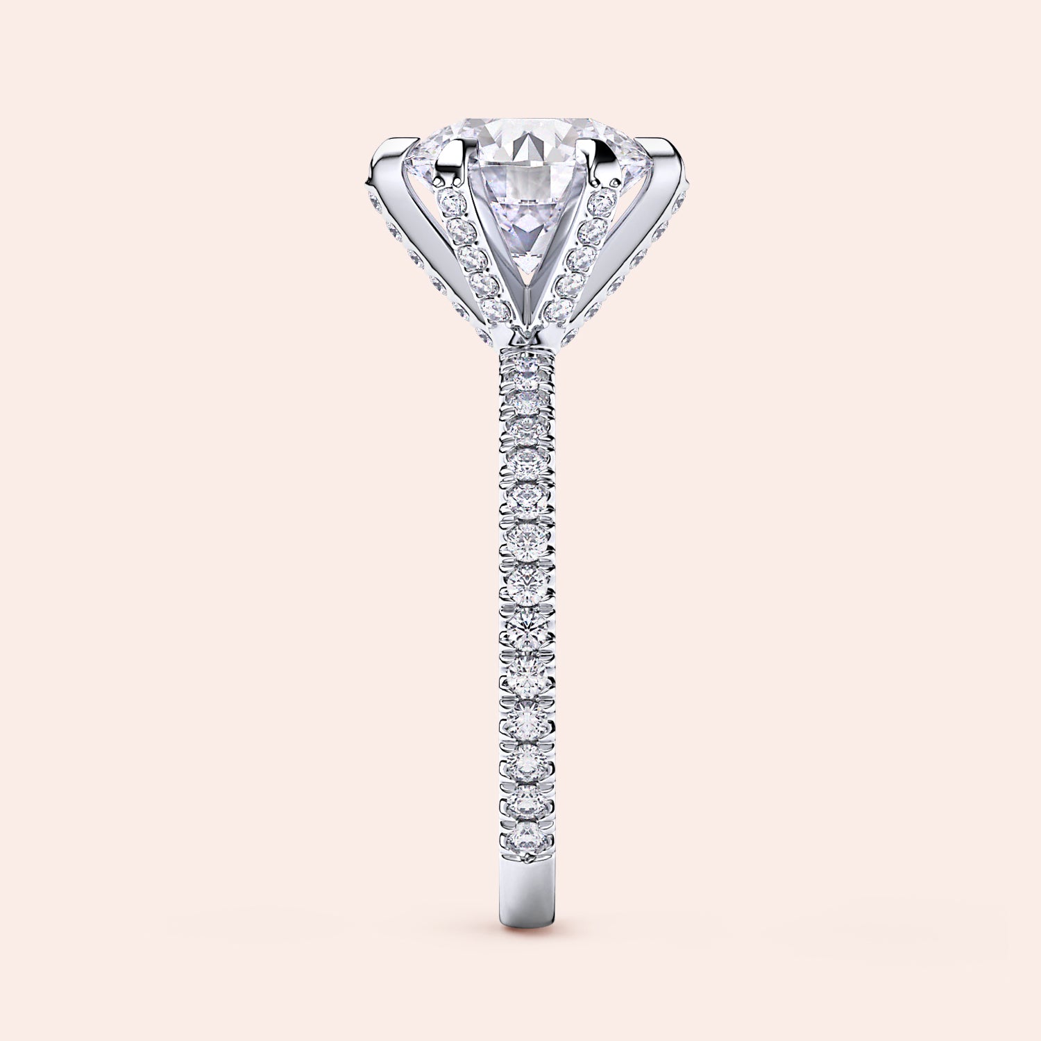 White gold or platinum diamond engagement ring side profile showing pavé band, accent diamond prongs and elevated gallery design | #14KRecycledWhiteGold #18KRecycledWhiteGold #Platinum

