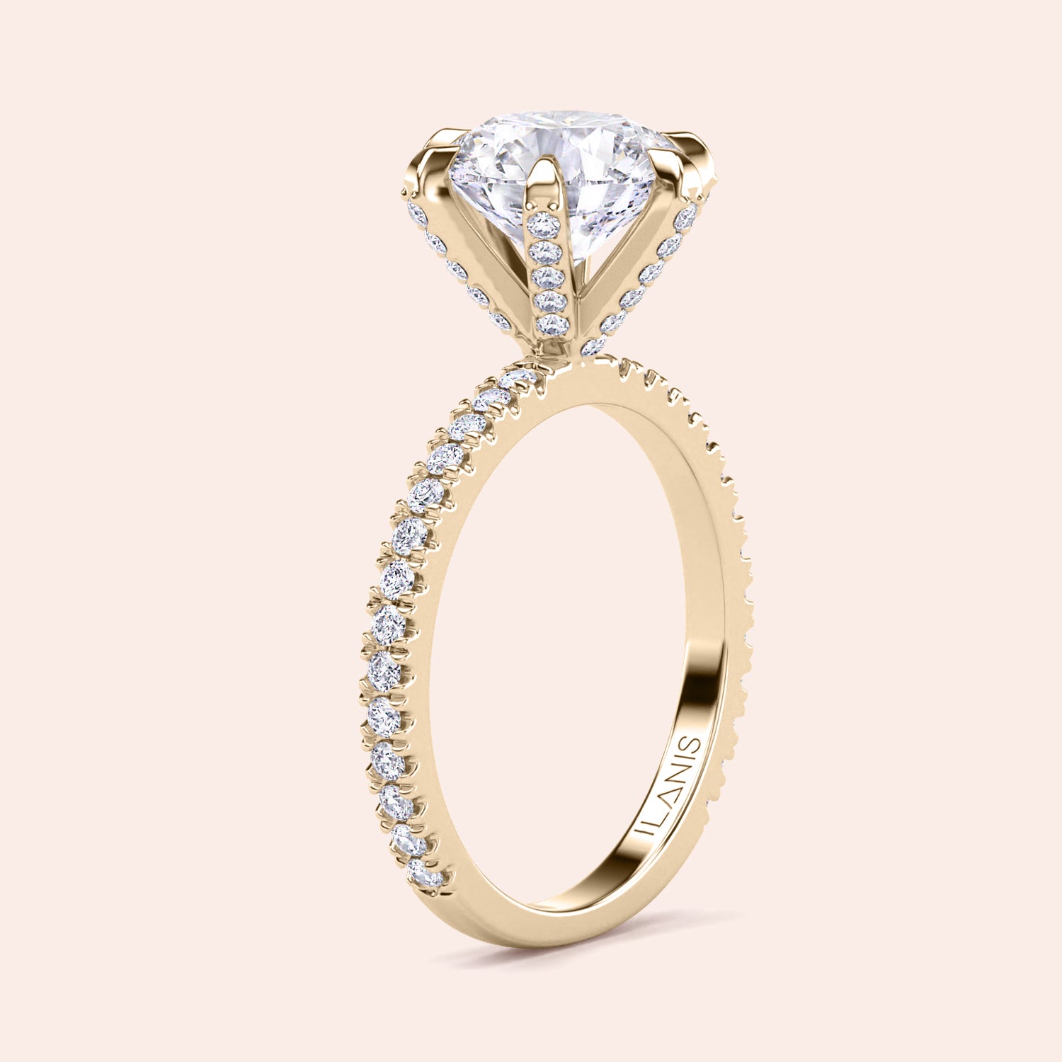 Vertical side view of yellow gold diamond engagement ring with pavé band, highlighting fine detailing and structured setting | #14KRecycledYellowGold #18KRecycledYellowGold