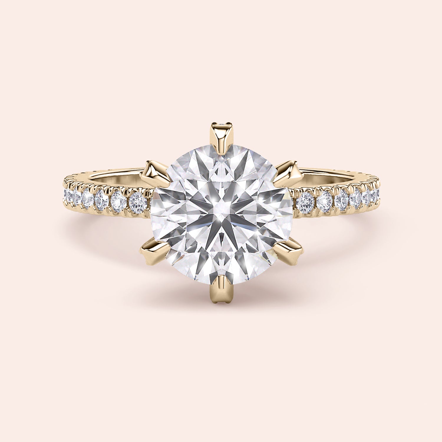 Yellow gold diamond engagement ring side profile showing pavé band, accent diamond prongs and elevated gallery design | #14KRecycledYellowGold #18KRecycledYellowGold