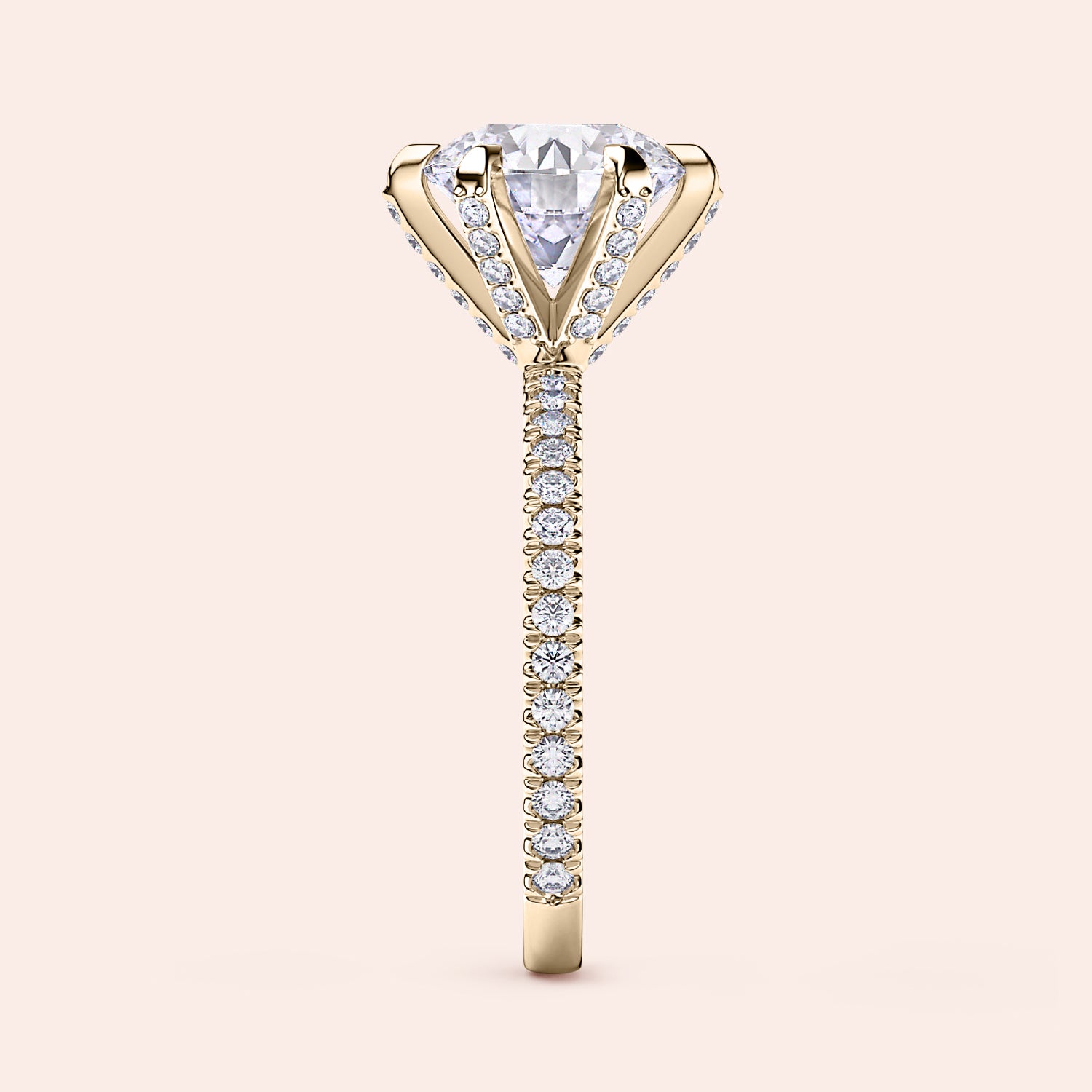 Front view of round brilliant diamond engagement ring in yellow gold with pavé band, showcasing brilliance, symmetry and warm tones | #14KRecycledYellowGold #18KRecycledYellowGold