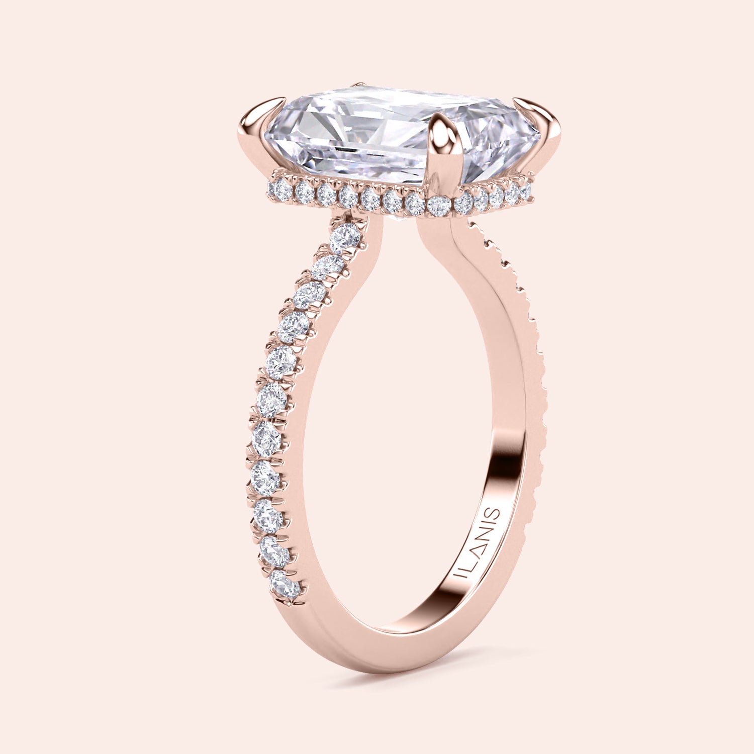Close-up of radiant cut diamond engagement ring in rose gold with pavé band, highlighting prong setting, fine detailing and natural glow | #14KRecycledRoseGold #18KRecycledRoseGold

