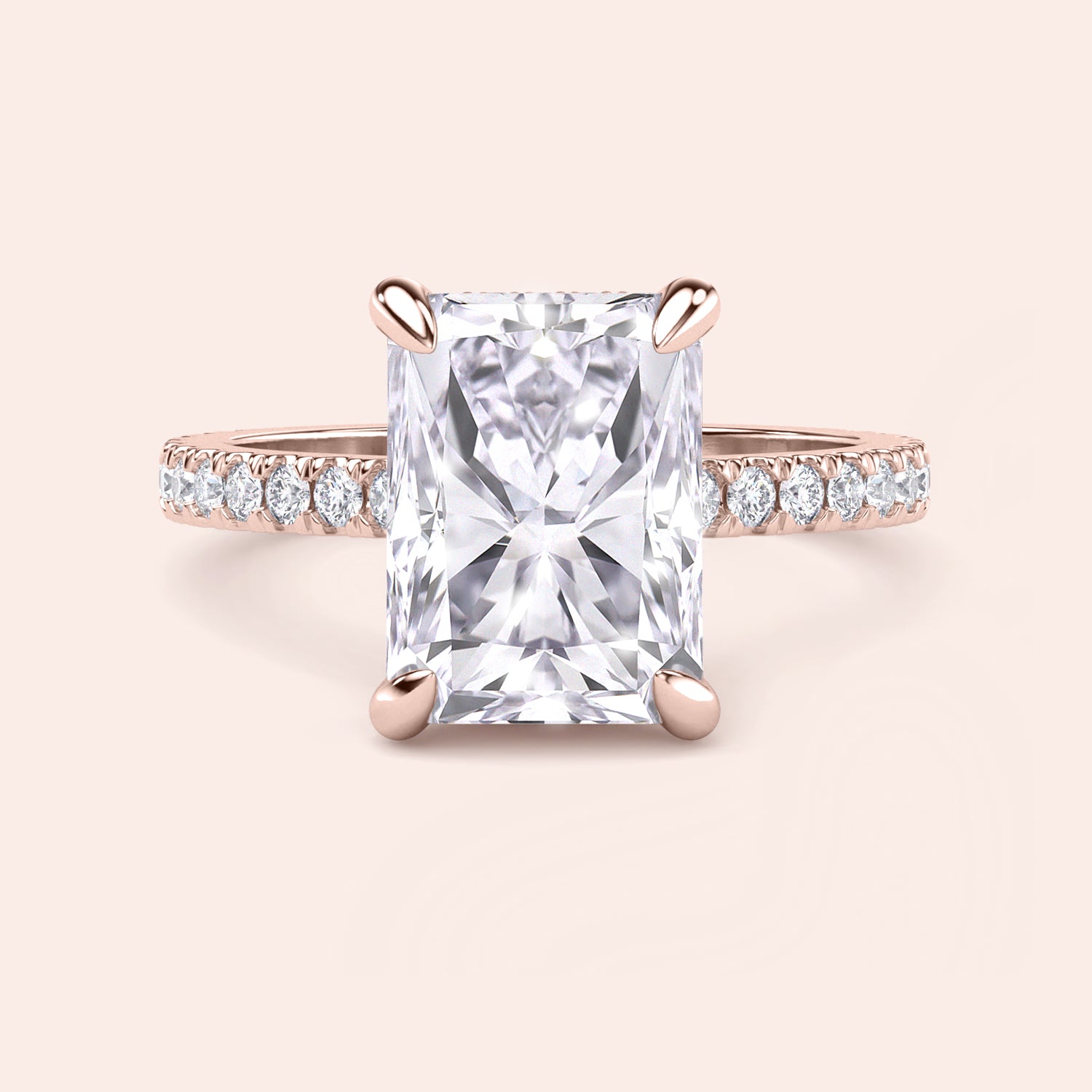 Front view of radiant cut diamond engagement ring in rose gold with pavé band, emphasizing symmetry, fire and center stone brilliance | #14KRecycledRoseGold #18KRecycledRoseGold