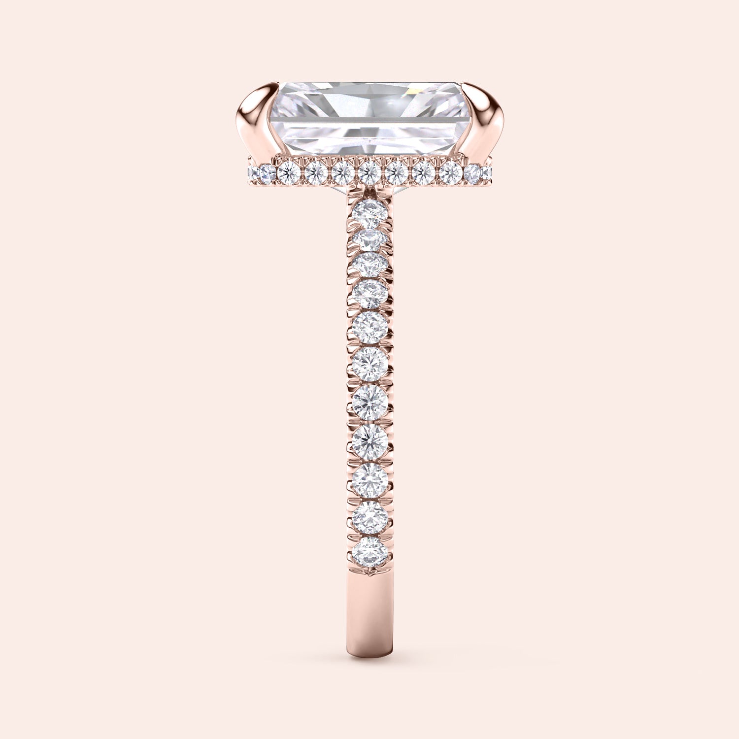 Vertical side view of rose gold radiant cut diamond engagement ring with pavé band, highlighting structure, craftsmanship and diamond setting | #14KRecycledRoseGold #18KRecycledRoseGold