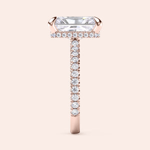 Vertical side view of rose gold radiant cut diamond engagement ring with pavé band, highlighting structure, craftsmanship and diamond setting 