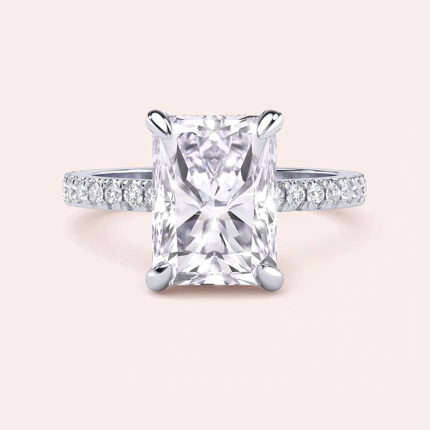 Front view of radiant cut diamond engagement ring in white gold with pavé band, emphasizing symmetry, brilliance and center stone presence | #14KRecycledWhiteGold #18KRecycledWhiteGold #Platinum