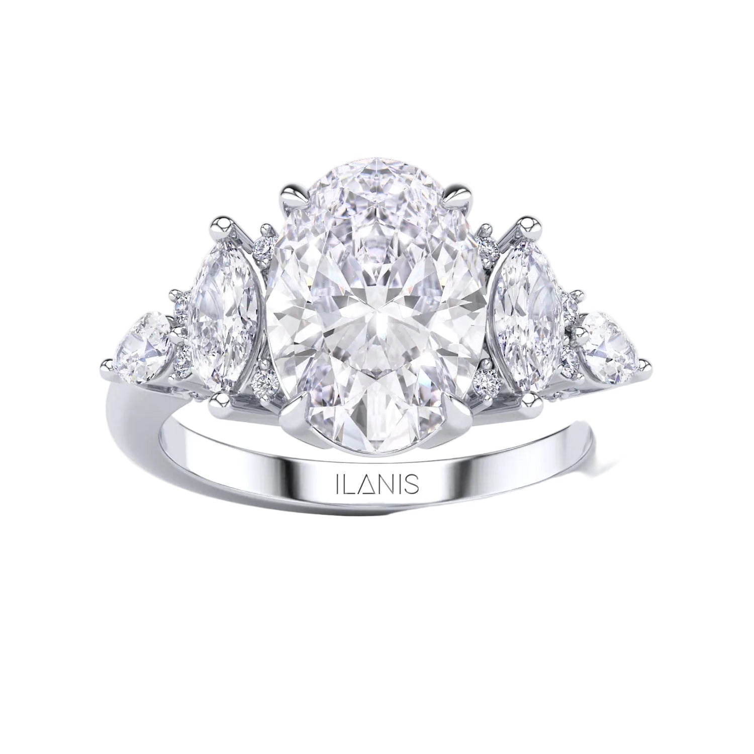 White gold oval diamond engagement ring top view with pear side stones, precision cut oval center diamond, fine jewelry close up | #14KRecycledWhiteGold #18KRecycledWhiteGold #Platinum