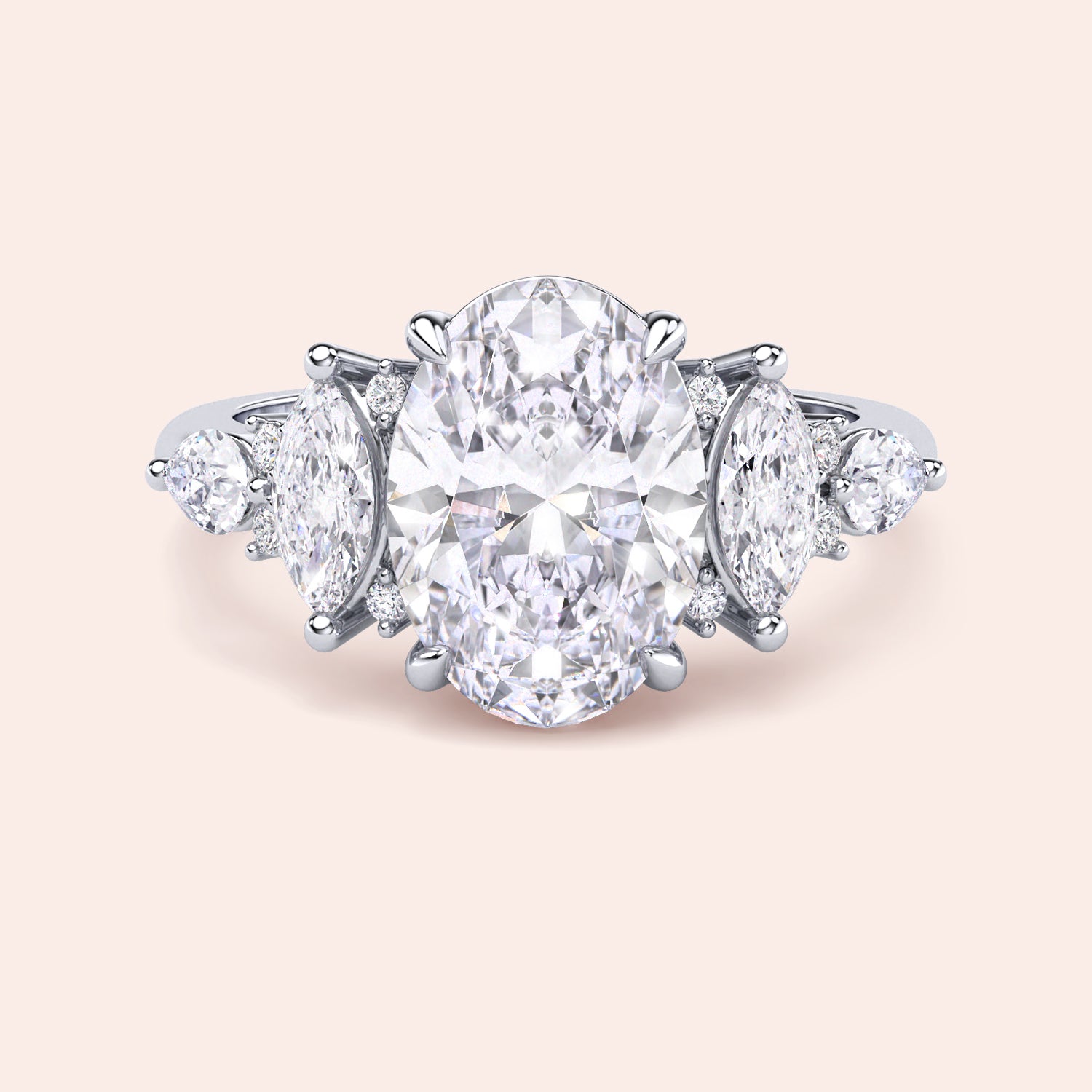 Oval cut three stone diamond engagement ring white gold front view with pear side stones, high brilliance oval center stone, premium bridal jewelry | #14KRecycledWhiteGold #18KRecycledWhiteGold #Platinum