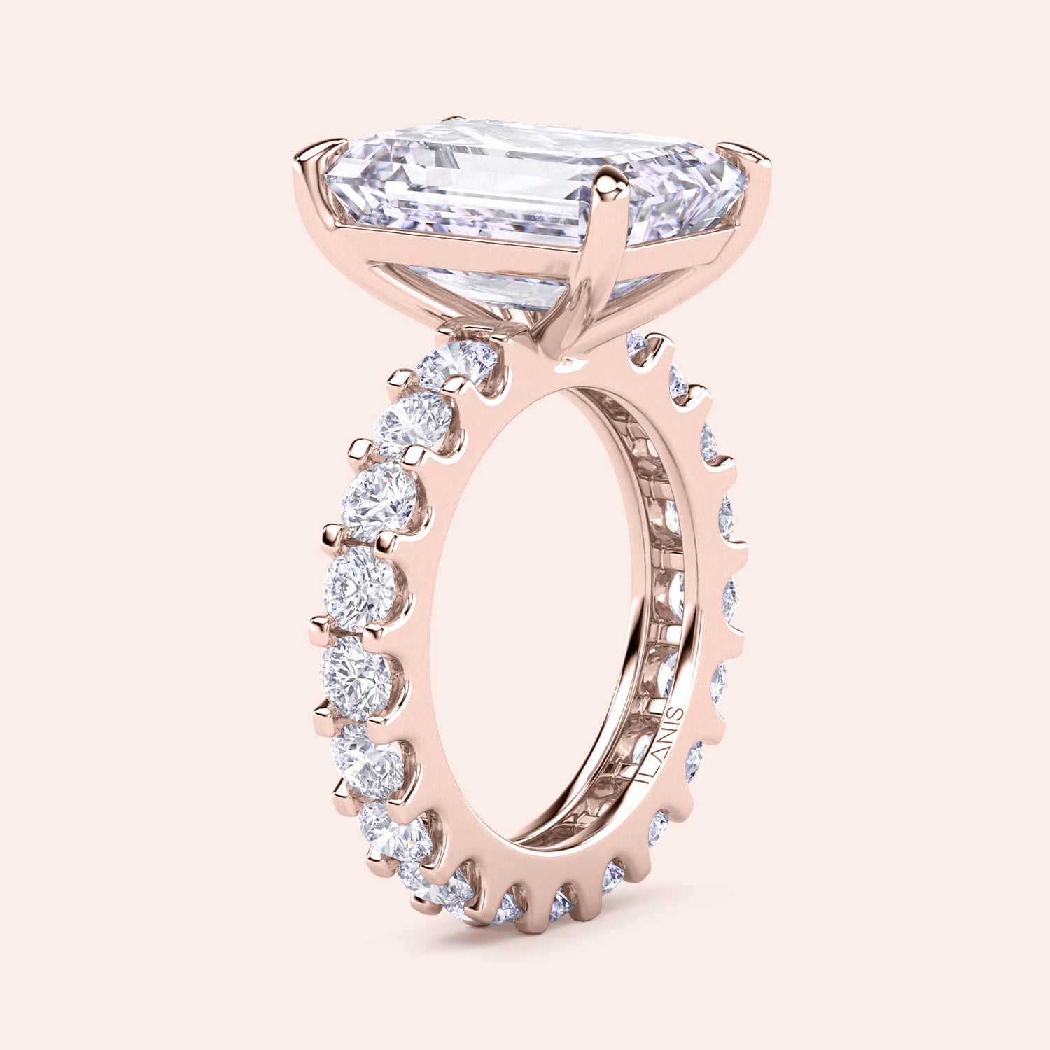 Emerald cut diamond engagement ring rose gold with full eternity diamond band, side profile view, modern hidden setting, luxury bridal ring design | #14KRecycledRoseGold #18KRecycledRoseGold