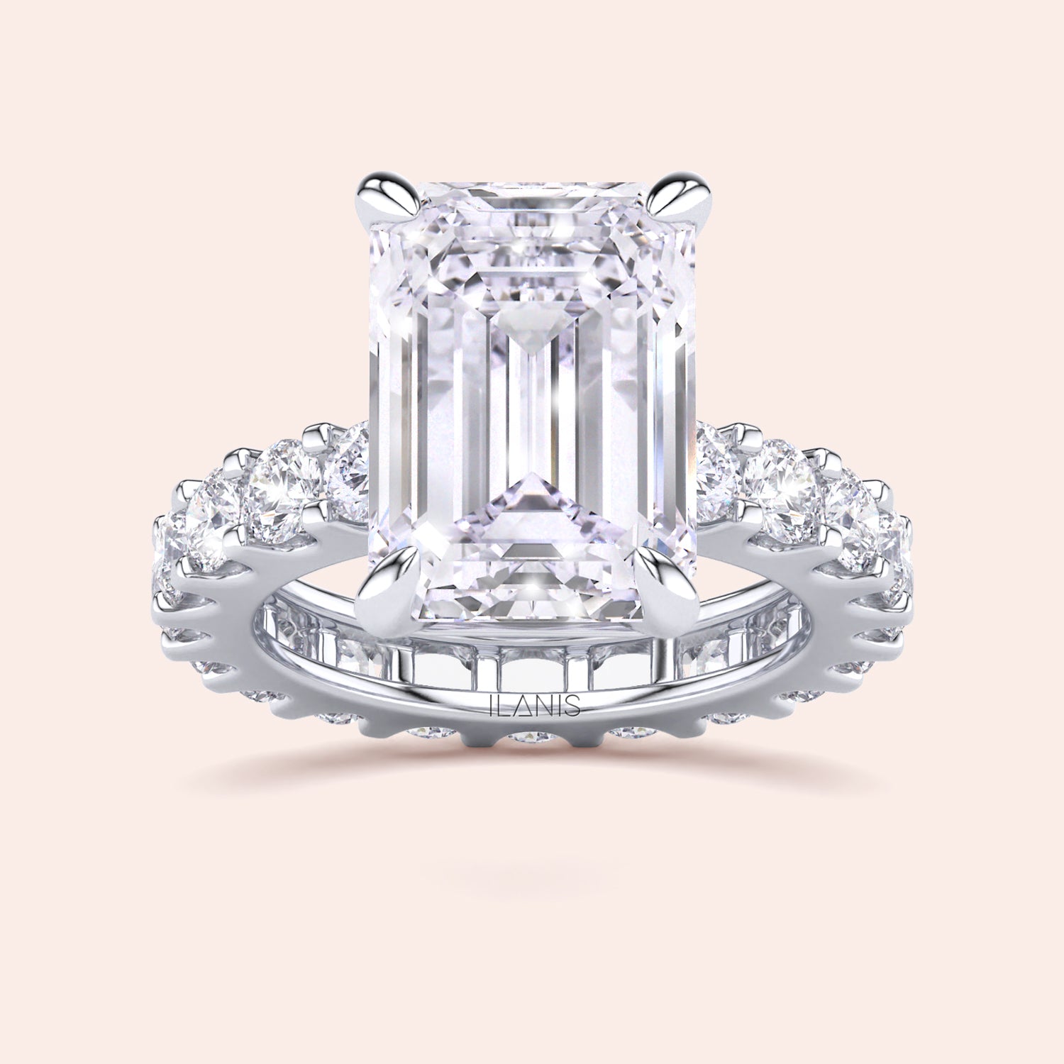 White gold emerald cut engagement ring with diamond eternity band, clean geometric diamond shape, timeless fine jewelry ring | #14KRecycledWhiteGold #18KRecycledWhiteGold #Platinum