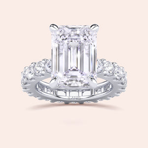 White gold emerald cut engagement ring with diamond eternity band, clean geometric diamond shape, timeless fine jewelry ring 
