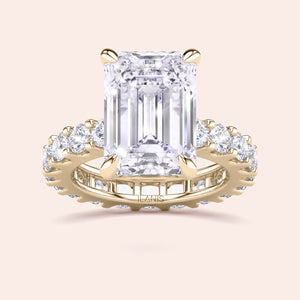 Emerald cut diamond engagement ring in yellow gold with eternity band, bold center stone ring, elegant step cut diamond bridal design 