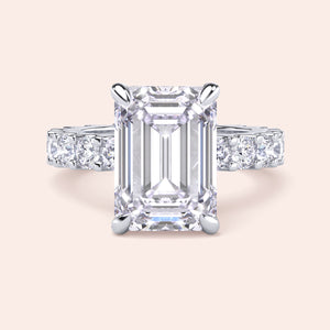Emerald cut diamond engagement ring in white gold with eternity band, bold center stone ring, elegant step cut diamond bridal design 