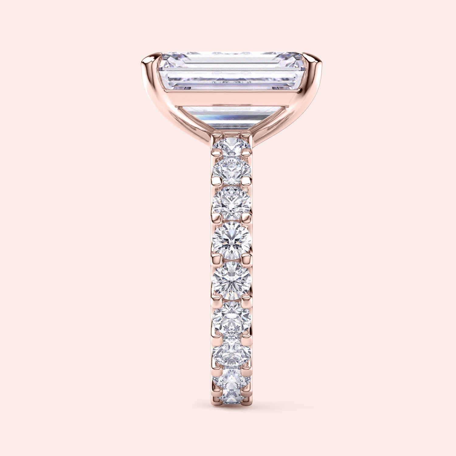 Emerald cut diamond ring rose gold vertical side view with pavé eternity band, refined setting details and handcrafted fine jewelry | #14KRecycledRoseGold #18KRecycledRoseGold