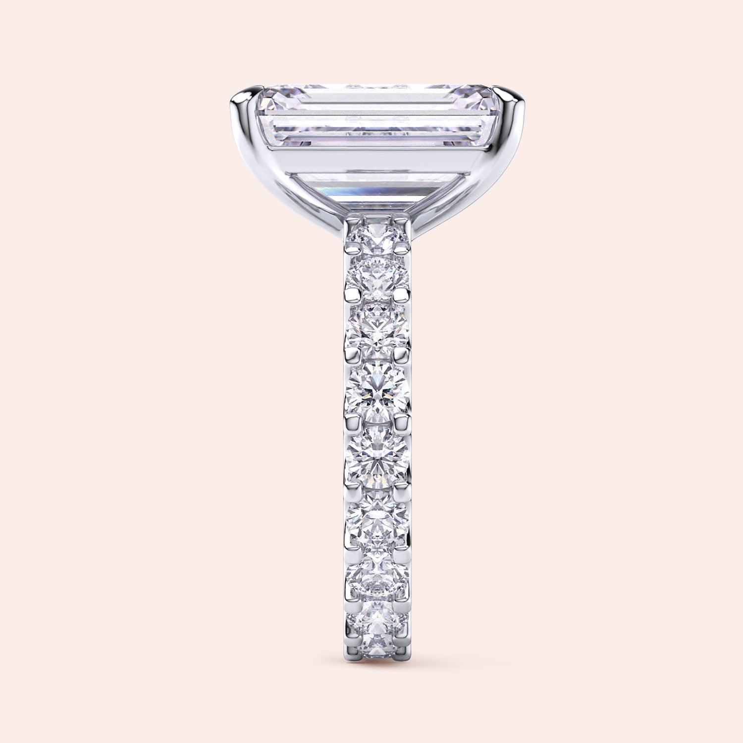Emerald cut diamond engagement ring white gold with full eternity diamond band, side profile view, modern hidden setting, luxury bridal ring | #14KRecycledWhiteGold #18KRecycledWhiteGold #Platinum