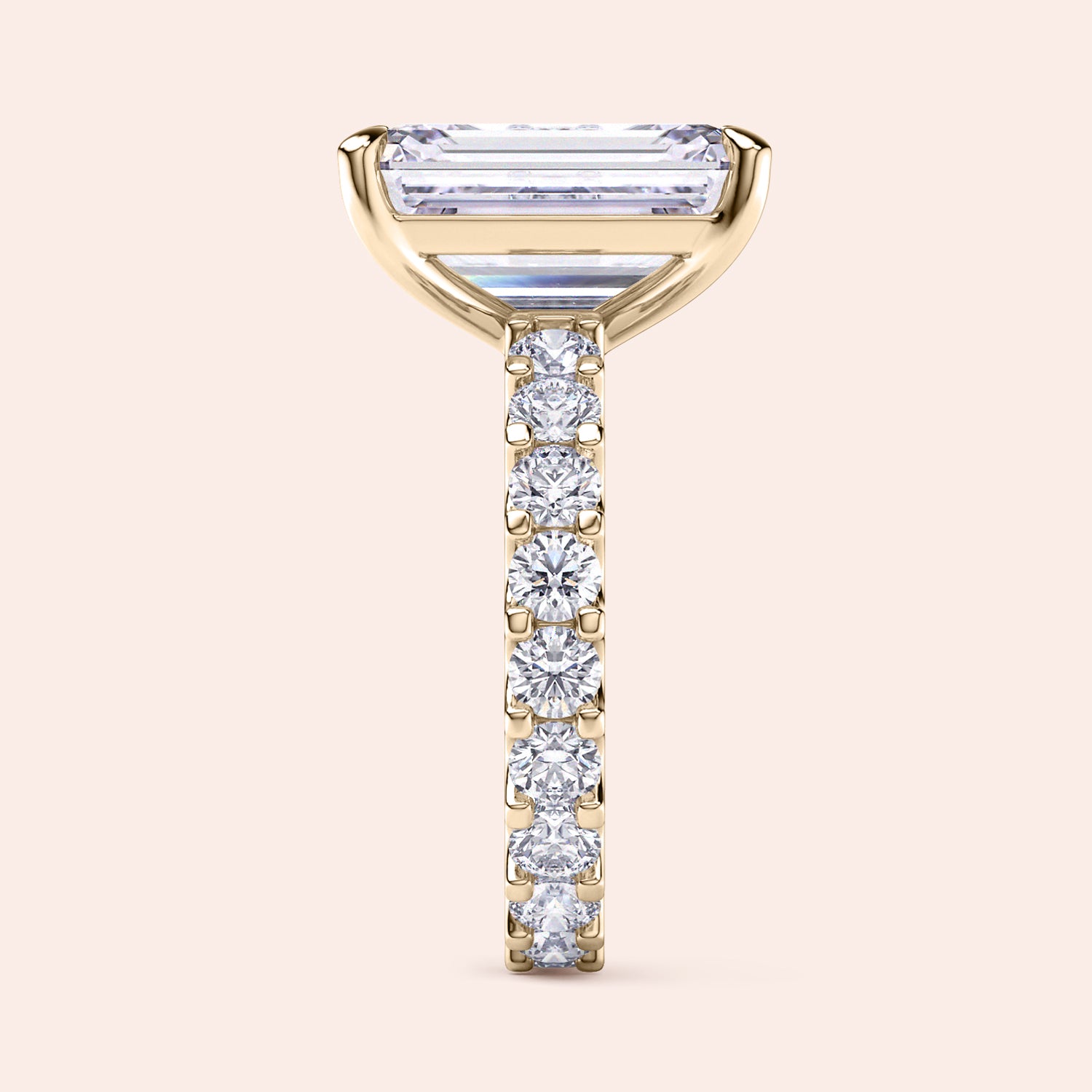 Emerald cut diamond engagement ring yellow gold with full eternity diamond band, side profile view, modern hidden setting, luxury bridal ring | #14KRecycledYellowGold #18KRecycledYellowGold