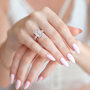 Emerald cut diamond engagement ring rose gold with full diamond band, romantic and timeless bridal ring inspiration 