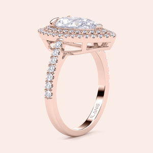 Pear diamond engagement ring rose gold with pavé band and halo setting, detailed craftsmanship, elegant side view 