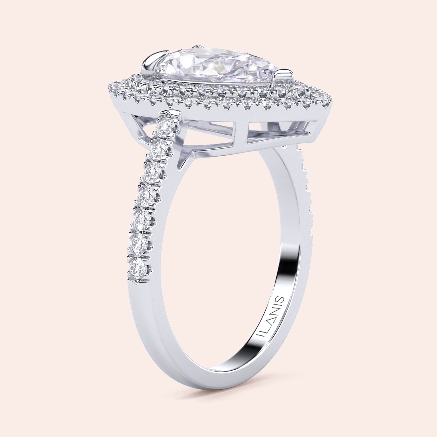Emerald cut diamond ring white gold vertical side view with pavé eternity band, refined craftsmanship and modern setting details | #14KRecycledWhiteGold #18KRecycledWhiteGold #Platinum