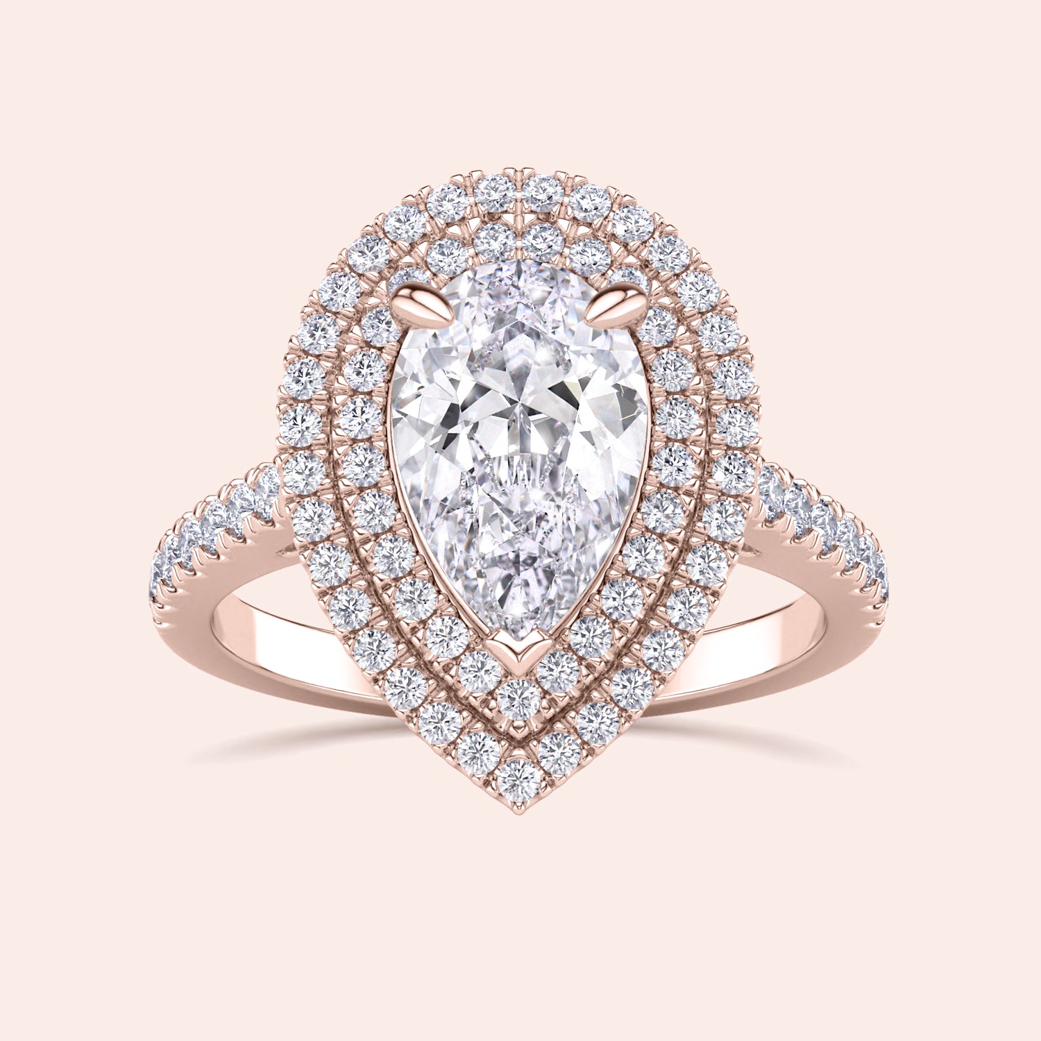 Rose gold pear shaped diamond ring with double halo and pavé band, bold center stone with layered halo detail, fine jewelry engagement ring | #14KRecycledRoseGold #18KRecycledRoseGold