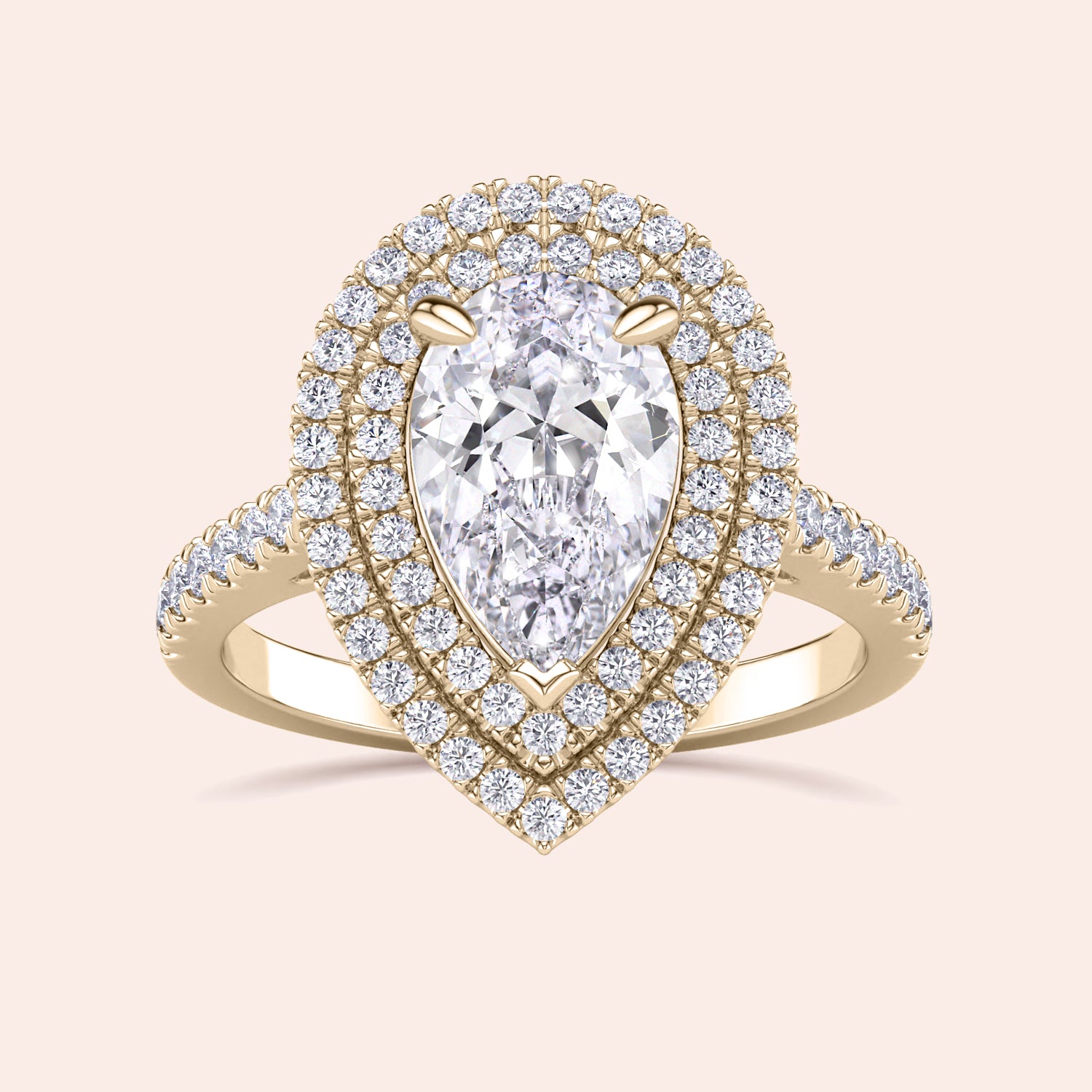 Pear diamond halo engagement ring in yellow gold, double halo setting with brilliant pavé diamonds, statement bridal ring design | #14KRecycledYellowGold #18KRecycledYellowGold