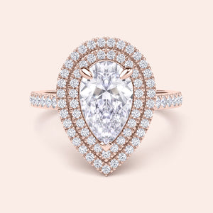 Pear diamond halo engagement ring in rose gold, double halo setting with brilliant pavé diamonds, romantic bridal ring design 
