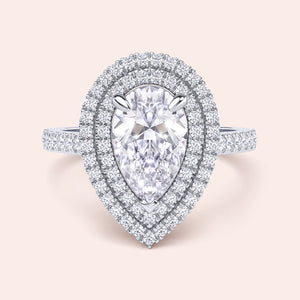 Emerald cut diamond engagement ring white gold with full eternity diamond band, side profile view, modern hidden setting, luxury bridal ring 