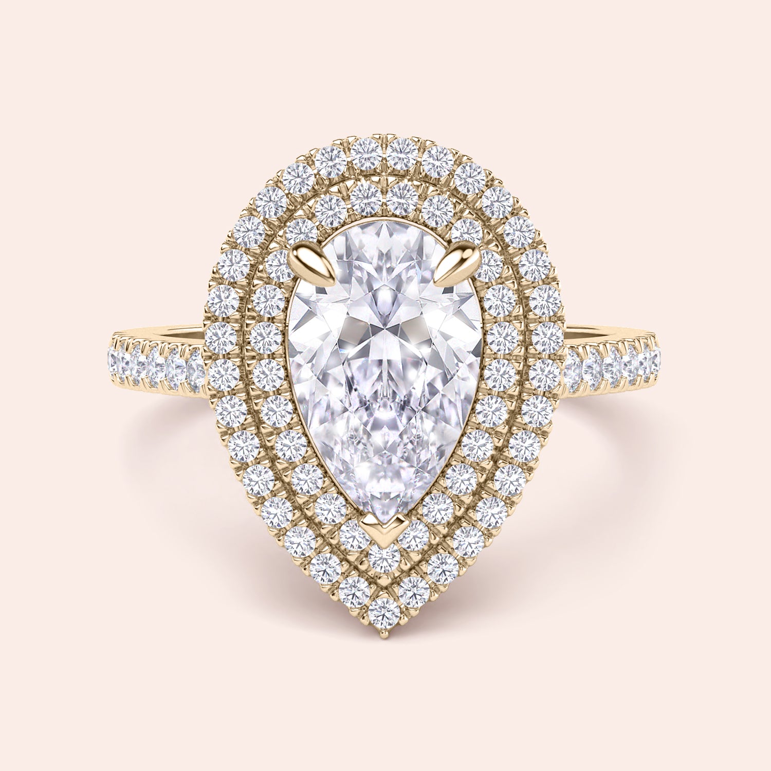 Yellow gold pear shaped diamond ring with double halo and pavé band, bold center stone with layered halo detail, fine jewelry engagement ring | #14KRecycledYellowGold #18KRecycledYellowGold