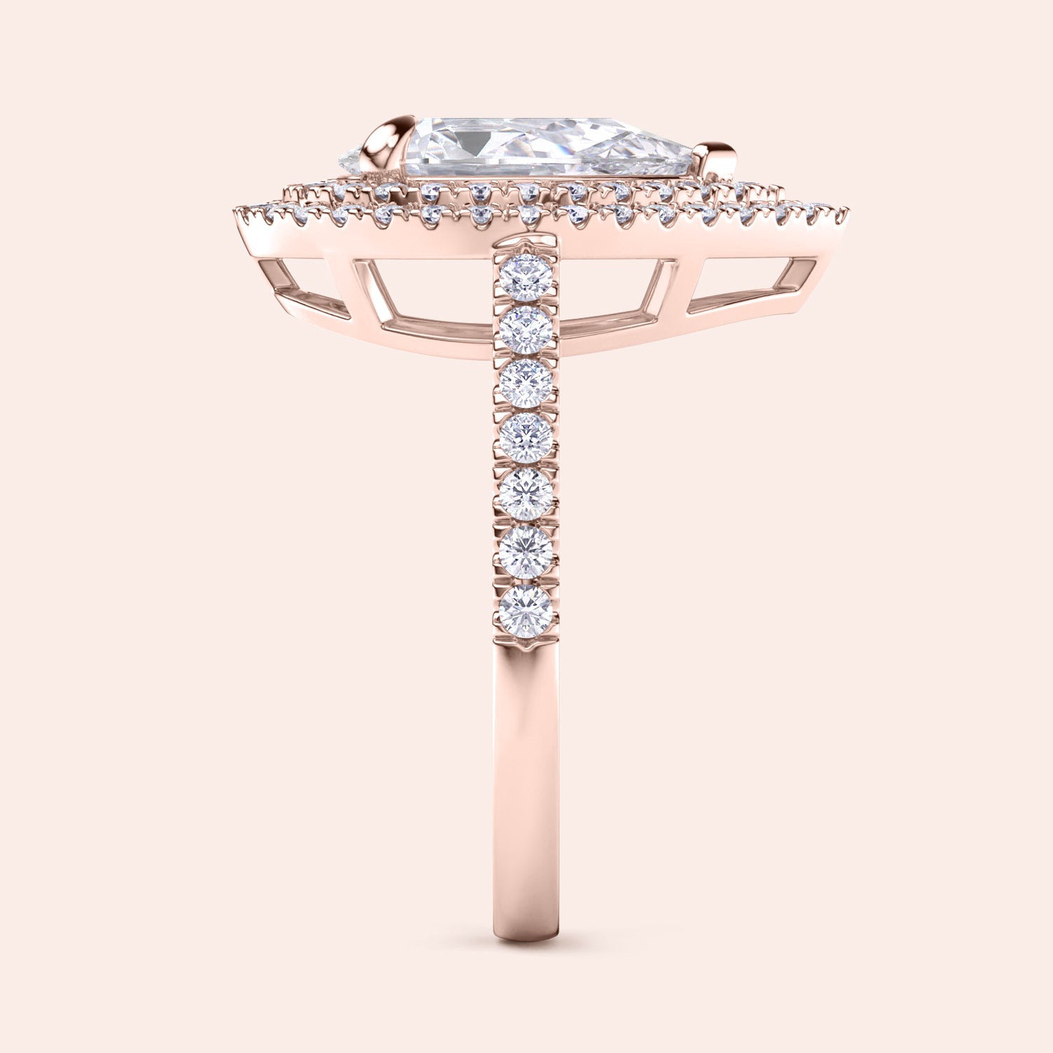 Pear shaped diamond engagement ring rose gold with double halo and pavé band, side profile view, elevated hidden setting, luxury bridal ring | #14KRecycledRoseGold #18KRecycledRoseGold