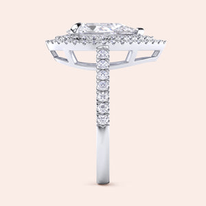Emerald cut diamond engagement ring white gold with full eternity diamond band, side profile view, modern hidden setting, luxury bridal ring 