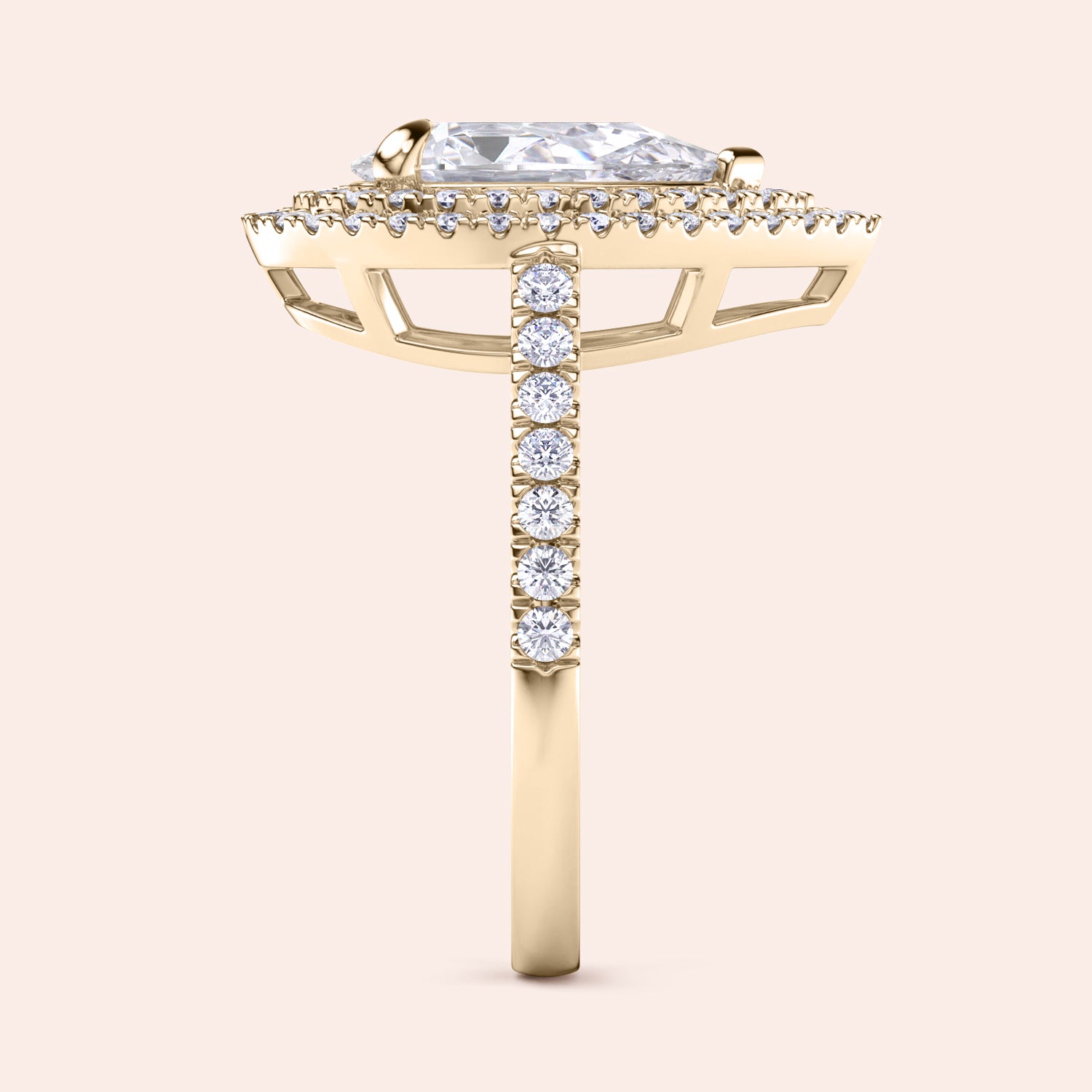 Pear shaped diamond engagement ring yellow gold with double halo and pavé band, side profile view, elevated hidden setting, luxury bridal ring | #14KRecycledYellowGold #18KRecycledYellowGold