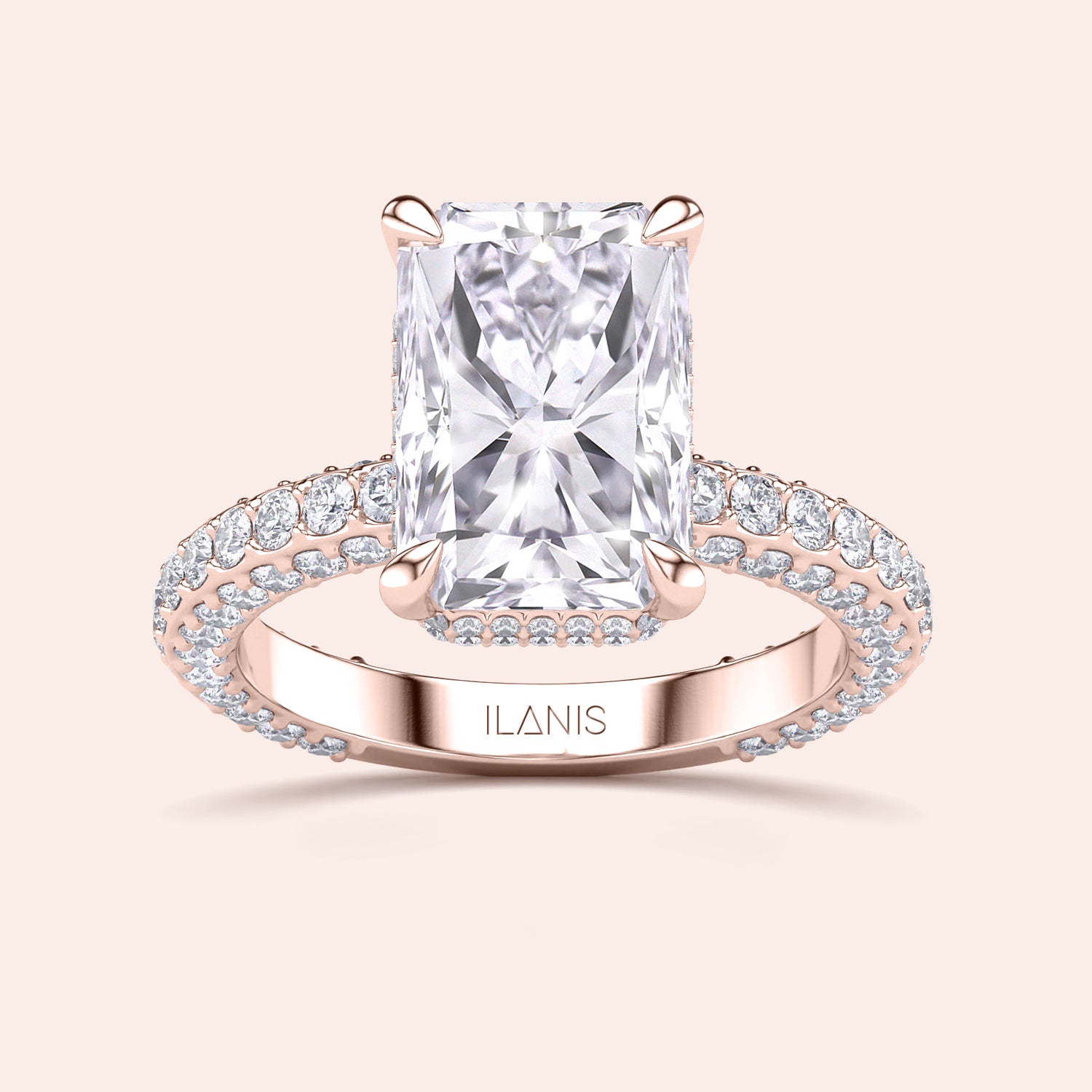 Rose gold radiant diamond ring with pavé band, modern engagement ring design, high brilliance rectangular center stone | #14KRecycledRoseGold #18KRecycledRoseGold