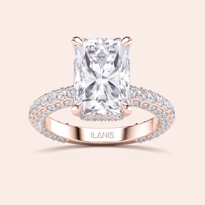 Rose gold radiant diamond ring with pavé band, modern engagement ring design, high brilliance rectangular center stone 