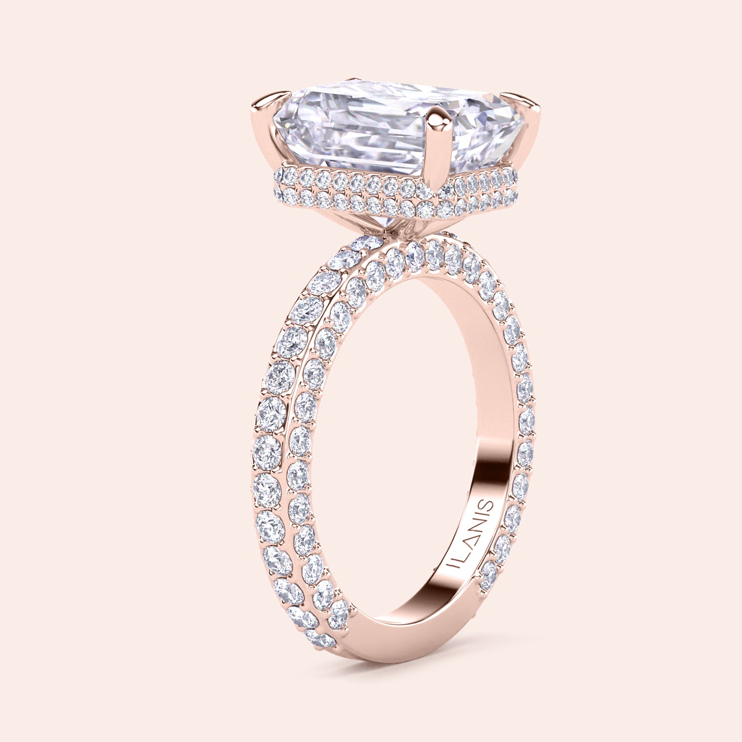 Radiant cut diamond ring rose gold with pavé band, elevated setting with hidden halo detail, elegant side profile view | #14KRecycledRoseGold #18KRecycledRoseGold