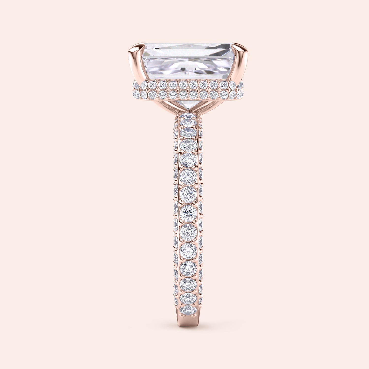 Rose gold radiant diamond engagement ring with pavé band and hidden halo, fine craftsmanship and detailed setting | #14KRecycledRoseGold #18KRecycledRoseGold