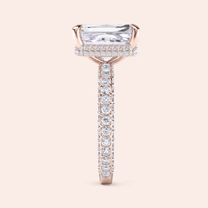 Rose gold radiant diamond engagement ring with pavé band and hidden halo, fine craftsmanship and detailed setting 