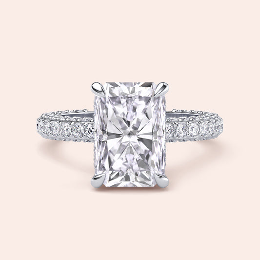 White gold radiant diamond ring with pavé band, luxury engagement ring with modern silhouette and exceptional sparkle 