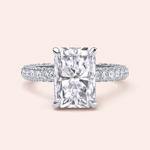 White gold radiant diamond ring with pavé band, luxury engagement ring with modern silhouette and exceptional sparkle 
