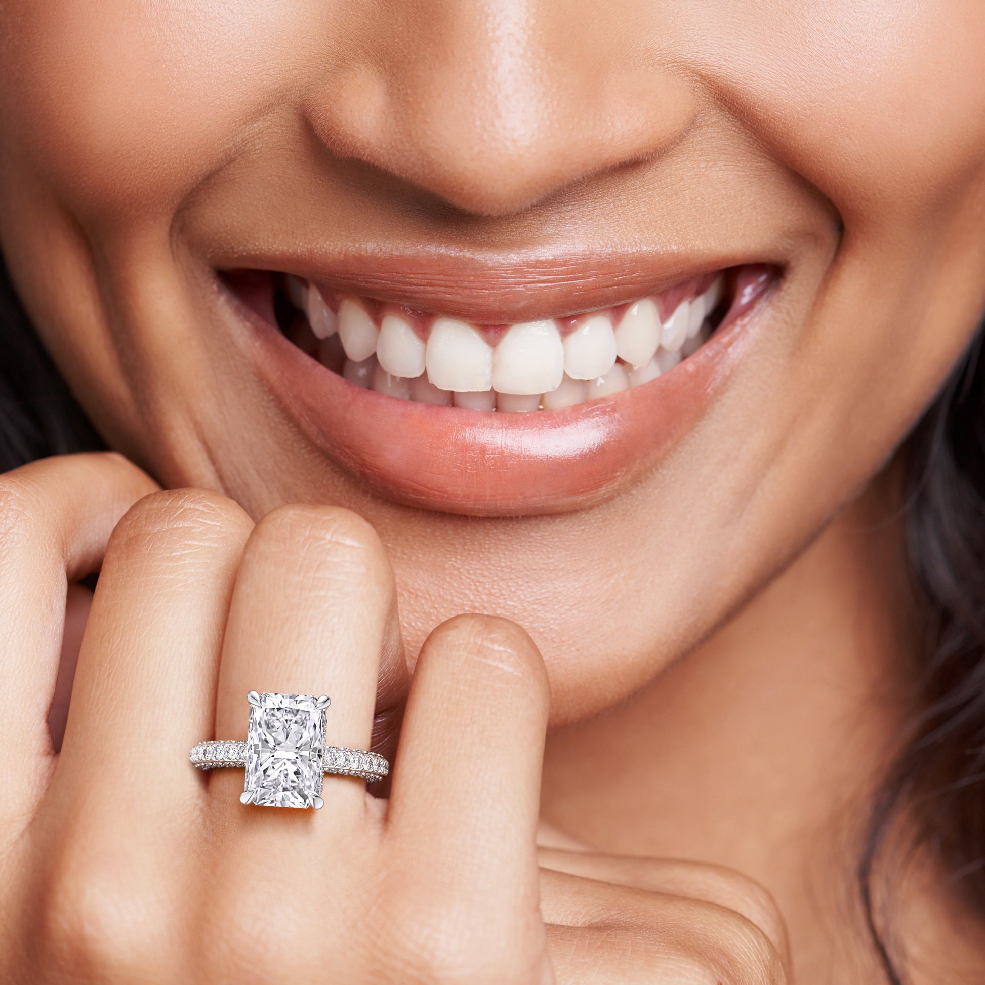 White gold radiant cut diamond ring with pavé band, sparkling engagement ring with classic and elegant appeal | #14KRecycledWhiteGold #18KRecycledWhiteGold #Platinum