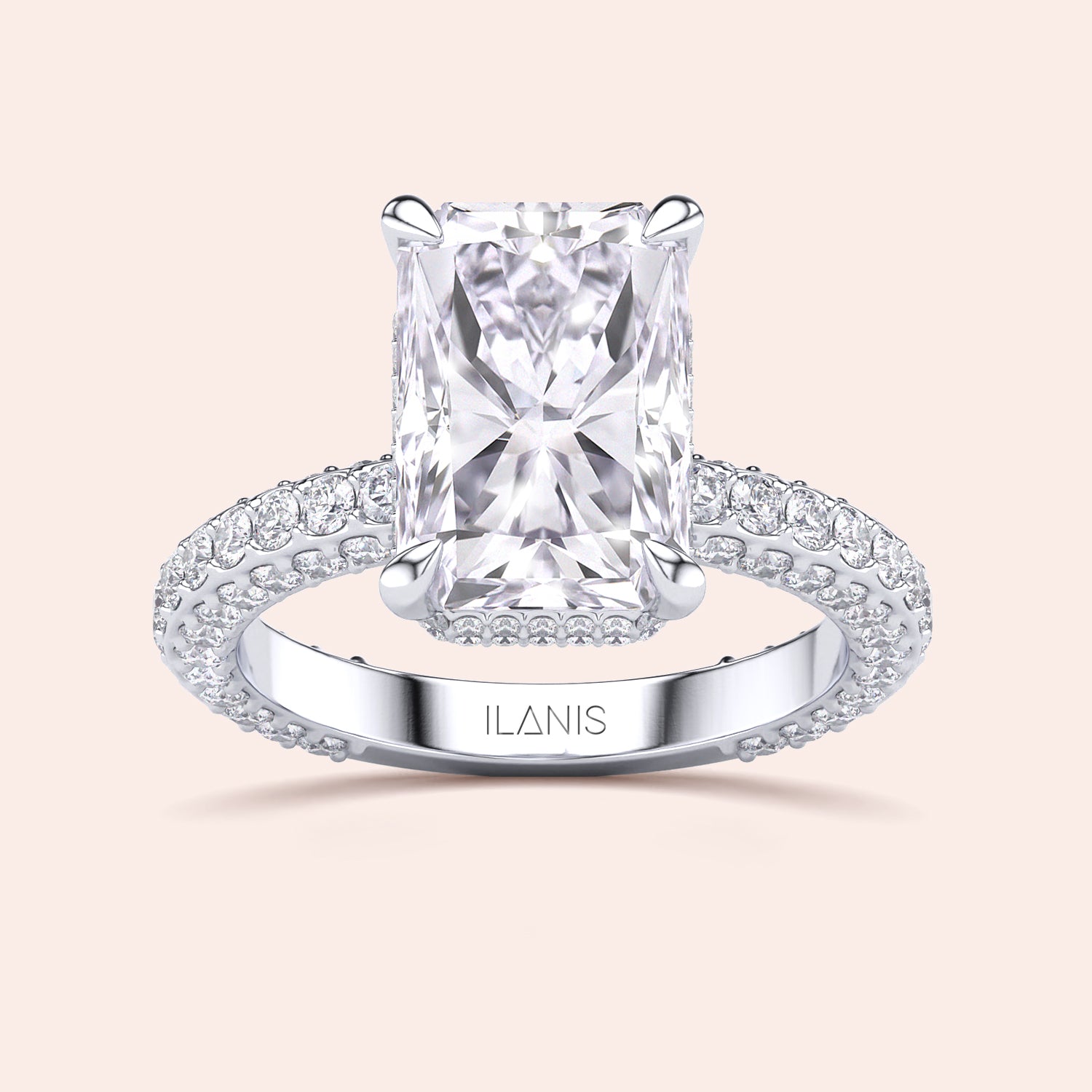 Radiant cut diamond engagement ring white gold with pavé band, four prong setting, high brilliance rectangular center stone | #14KRecycledWhiteGold #18KRecycledWhiteGold #Platinum