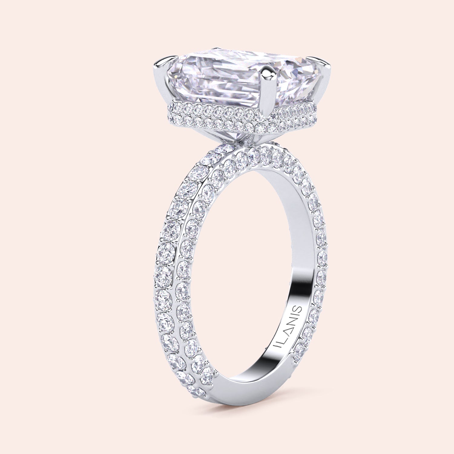 White gold radiant diamond engagement ring with pavé band, detailed side view showcasing precision setting and brilliance | #14KRecycledWhiteGold #18KRecycledWhiteGold #Platinum