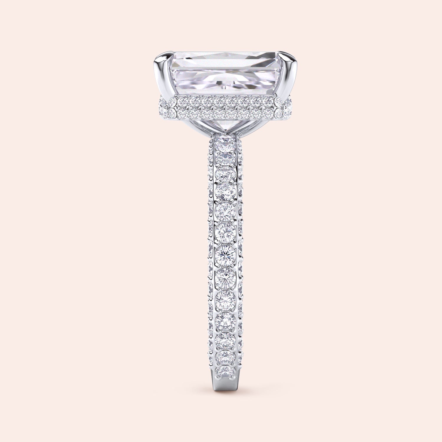 Radiant cut diamond ring white gold with pavé band, elevated setting with refined craftsmanship and elegant proportions | #14KRecycledWhiteGold #18KRecycledWhiteGold #Platinum