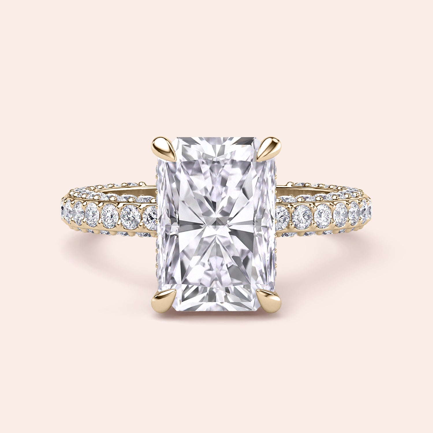 Yellow gold radiant diamond ring with pavé band, luxury engagement ring with high brilliance and modern silhouette | #14KRecycledYellowGold #18KRecycledYellowGold