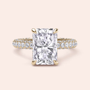 Yellow gold radiant diamond ring with pavé band, luxury engagement ring with high brilliance and modern silhouette 