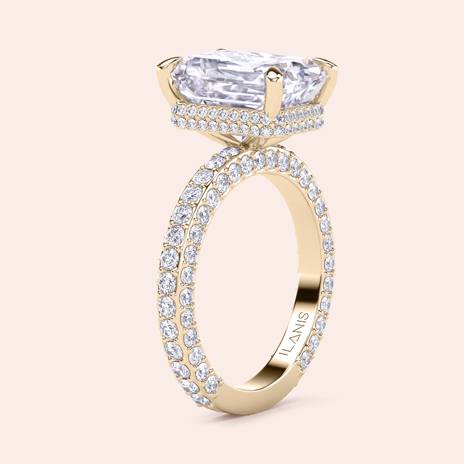 Yellow gold radiant diamond engagement ring with pavé band, detailed side view with elegant structure and sparkle | #14KRecycledYellowGold #18KRecycledYellowGold