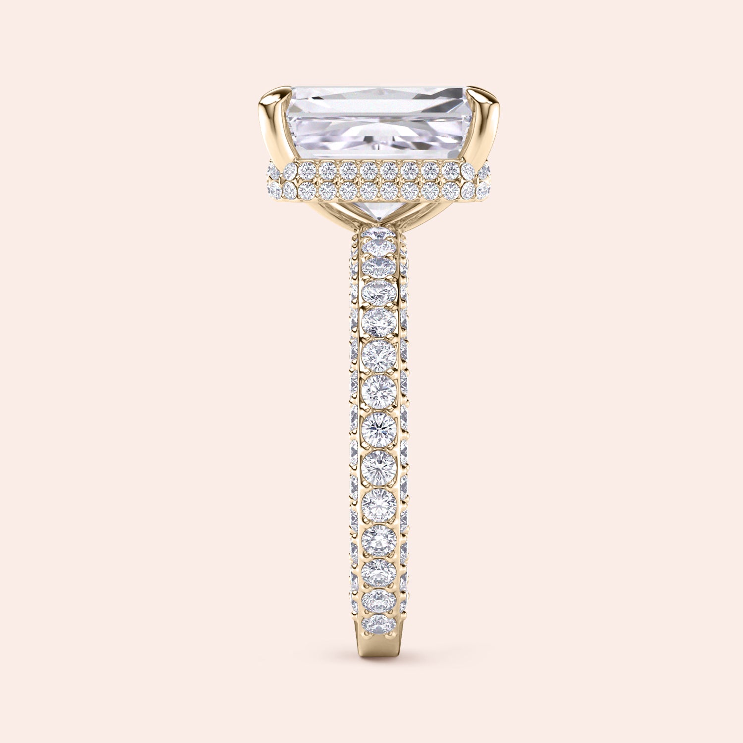 Radiant cut diamond ring yellow gold with pavé band, elevated setting showcasing refined craftsmanship and detail | #14KRecycledYellowGold #18KRecycledYellowGold