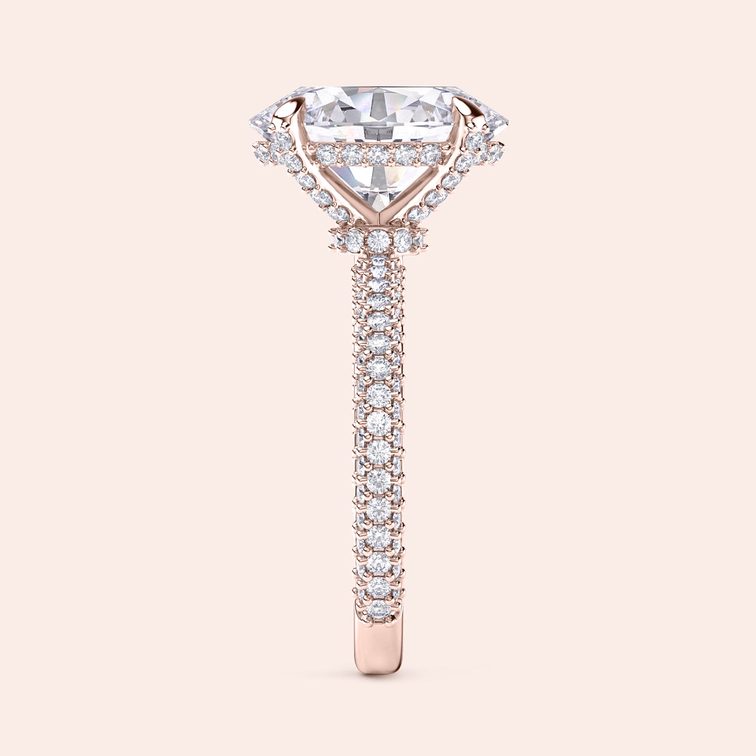 Oval diamond engagement ring in rose gold with hidden halo and pavé band, side angle showing intricate prong setting and diamond gallery | #14KRecycledRoseGold #18KRecycledRoseGold