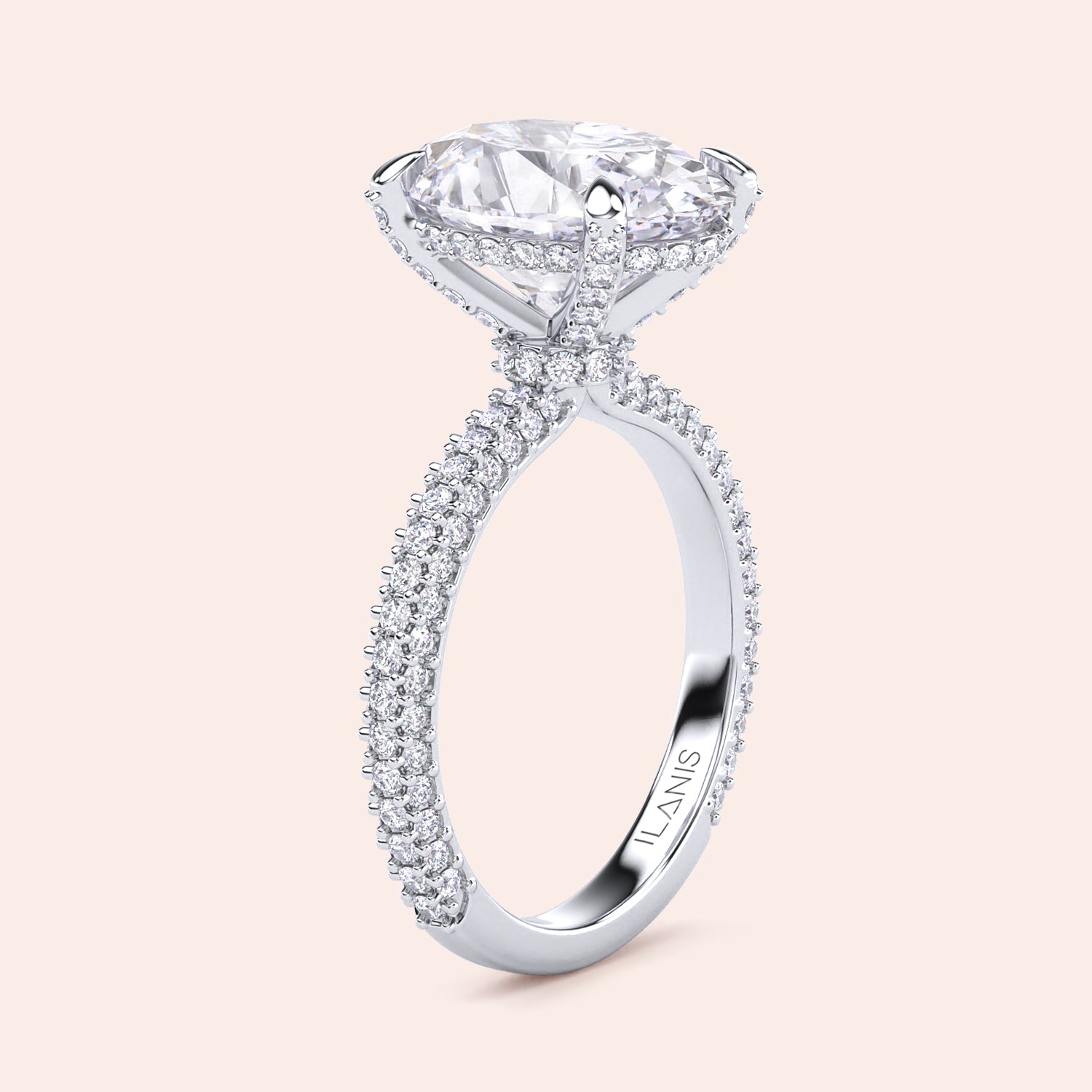 Pear diamond engagement ring in white gold with three stone setting, side angle showing prong setting and clean architectural lines | #14KRecycledWhiteGold #18KRecycledWhiteGold #Platinum