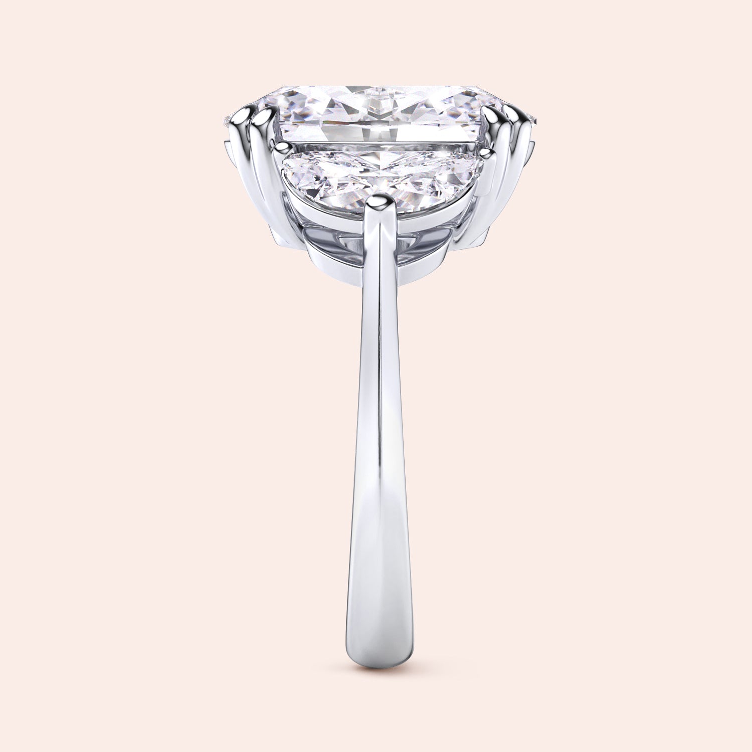 Oval diamond engagement ring in white gold with three stone setting, side angle showing prong setting and clean elegant structure | #14KRecycledWhiteGold #18KRecycledWhiteGold #Platinum
