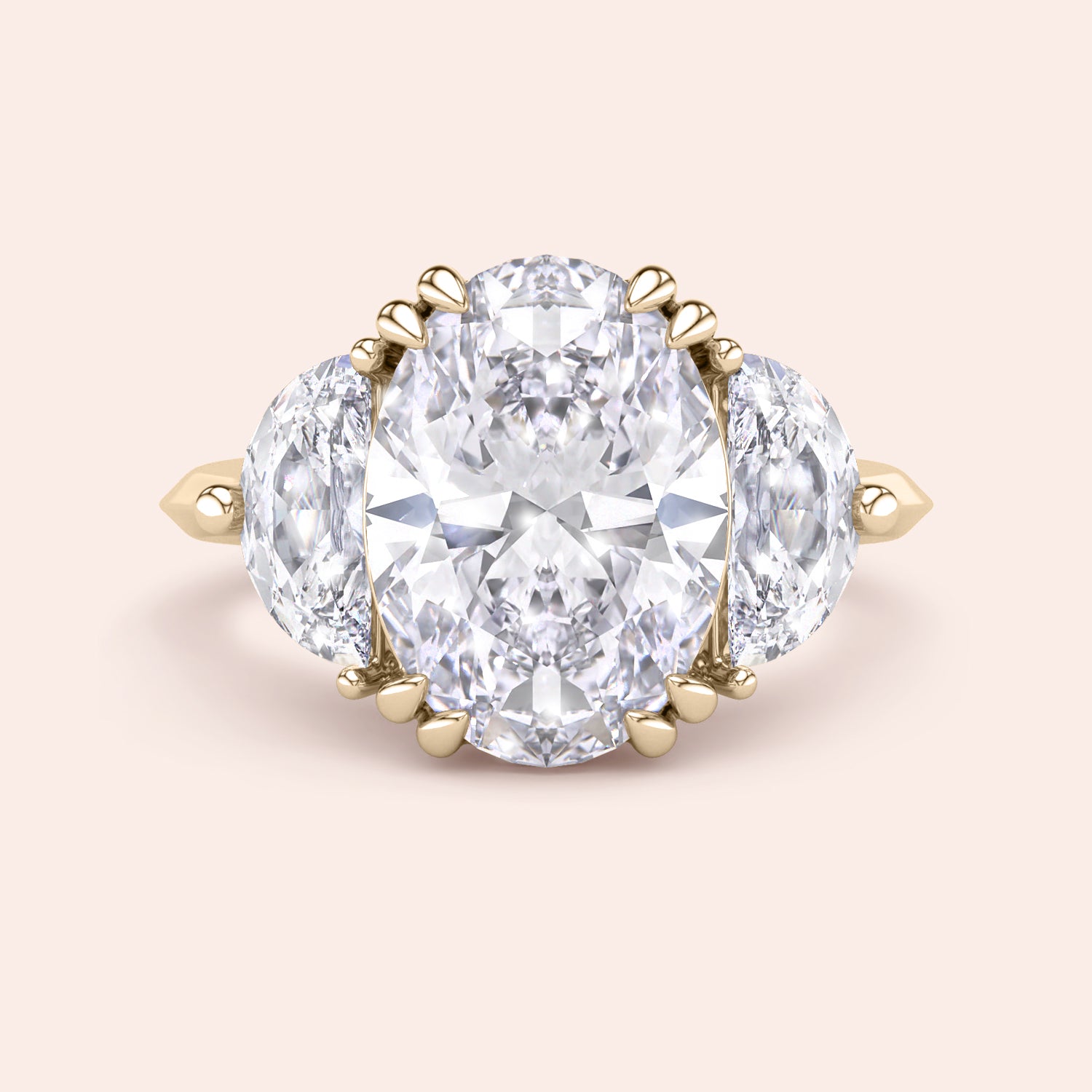 Oval cut diamond engagement ring in yellow gold with pear side diamonds, classic three stone design with brilliant center stone | #14KRecycledYellowGold #18KRecycledYellowGold