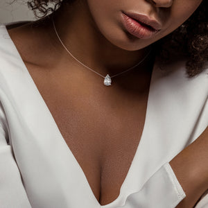 Rose gold pear diamond pendant necklace on model, delicate solitaire necklace, perfect gift for her and everyday elegance 